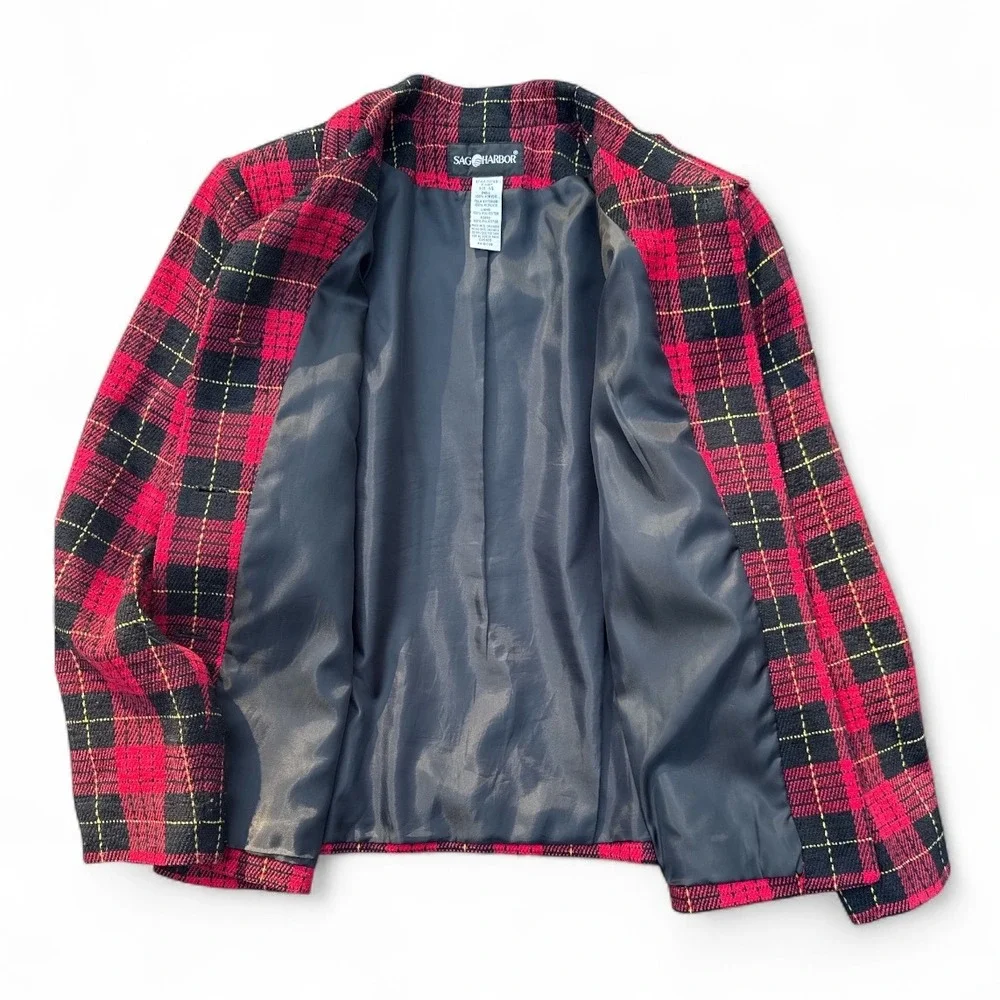 VTG Sag Harbor Red Tartan Plaid Jacket 14 Button Front Lined 90s Classic Preppy
